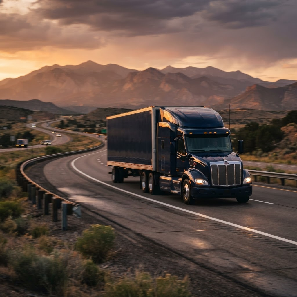 A semi truck driving down the interstate at dusk